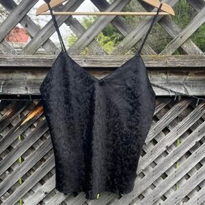 Vintage 90s Y2K Black Satin Jacquard Floral Sleeveless Cami Coquette Dainty‎